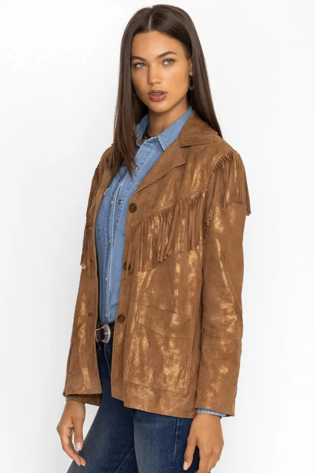 Women Johnny Was Outerwear Gold Shimmer Italian Suede Fringe Jacket Gold