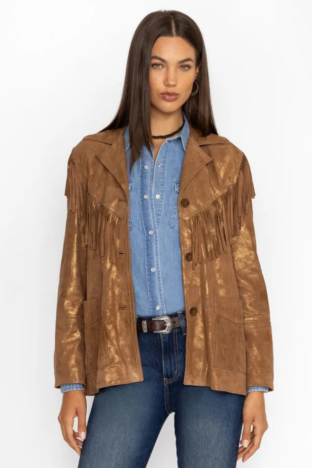 Women Johnny Was Outerwear Gold Shimmer Italian Suede Fringe Jacket Gold