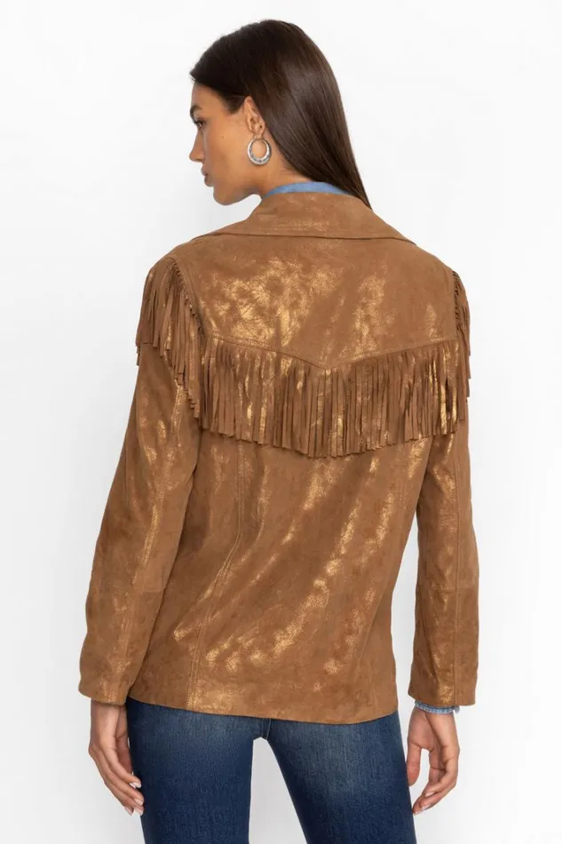 Women Johnny Was Outerwear Gold Shimmer Italian Suede Fringe Jacket Gold