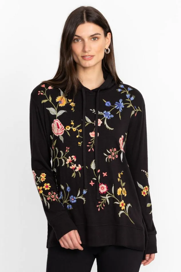 Women Johnny Was Tops Cozy Hooded Sweatshirt Tunic Black