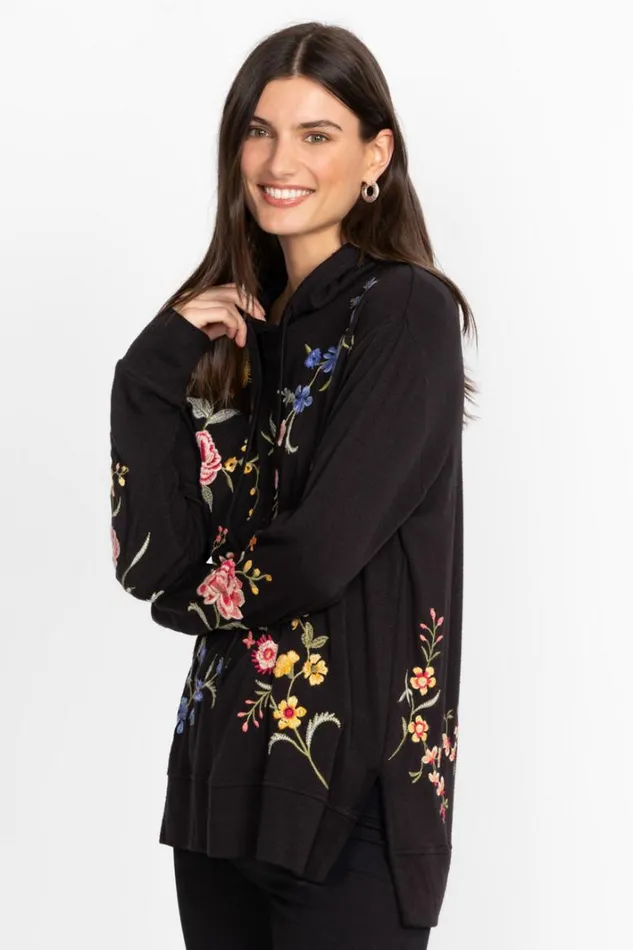 Women Johnny Was Tops Cozy Hooded Sweatshirt Tunic Black