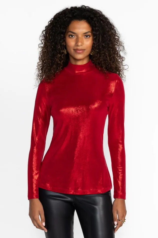 Women Johnny Was Tops Jewell Mock Neck Tee Savvy Red