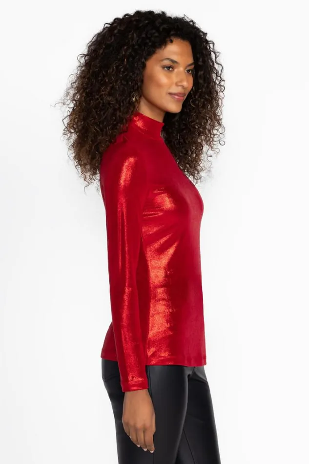 Women Johnny Was Tops Jewell Mock Neck Tee Savvy Red