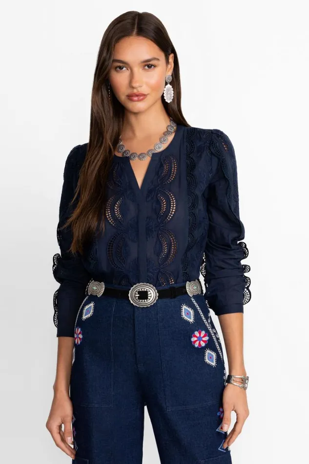 Women Johnny Was Tops Makaylin Button Up Blouse Dress Blues