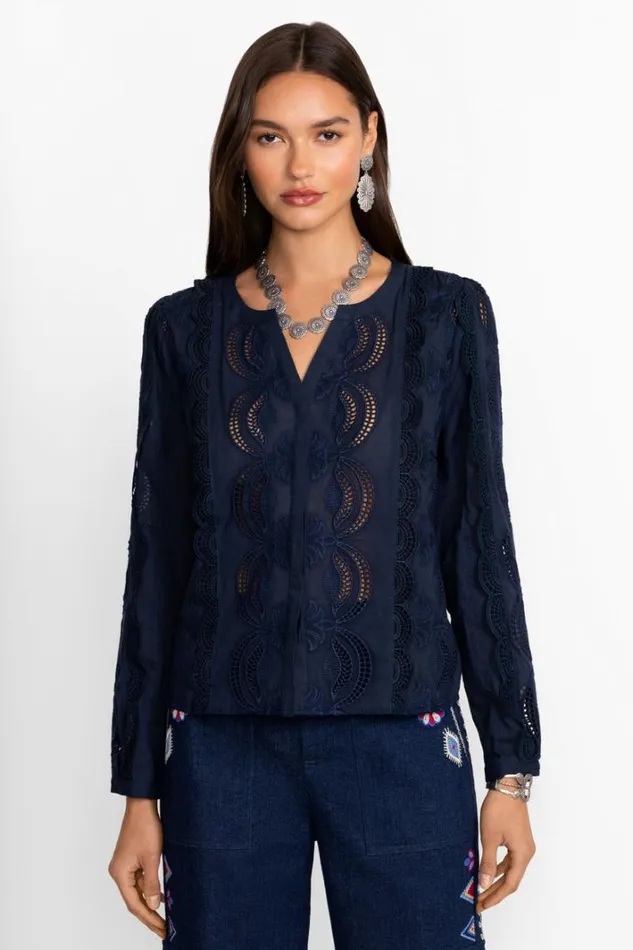 Women Johnny Was Tops Makaylin Button Up Blouse Dress Blues
