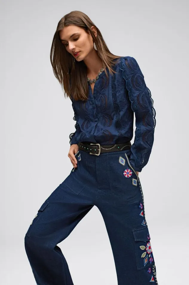 Women Johnny Was Tops Makaylin Button Up Blouse Dress Blues
