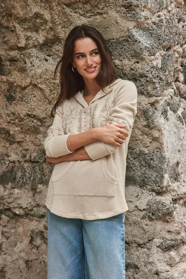 Women Johnny Was Tops Metallic Thermal Hoodie Metallic Cream