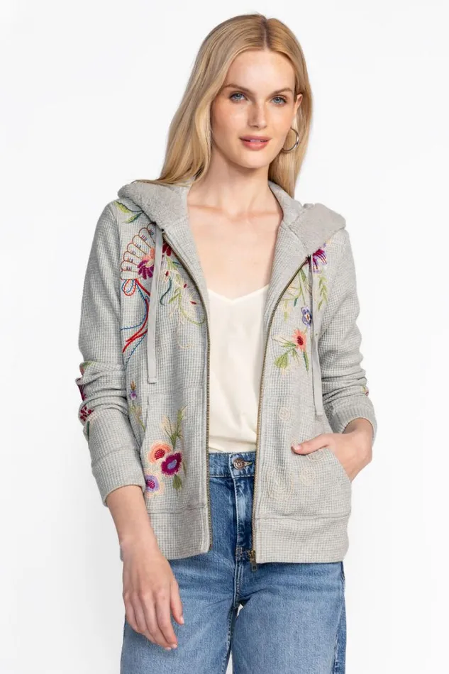 Women Johnny Was Tops Metallic Thermal Zip Up Hoodie Metallic Gray
