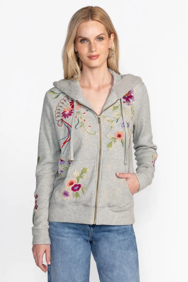 Women Johnny Was Tops Metallic Thermal Zip Up Hoodie Metallic Gray