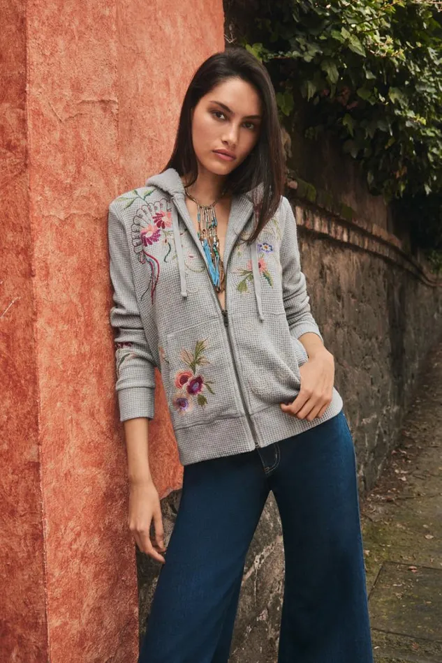 Women Johnny Was Tops Metallic Thermal Zip Up Hoodie Metallic Gray