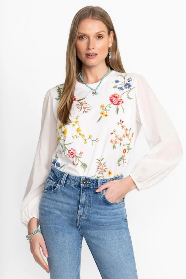 Women Johnny Was Tops Mixed Media Long Sleeve Tee White