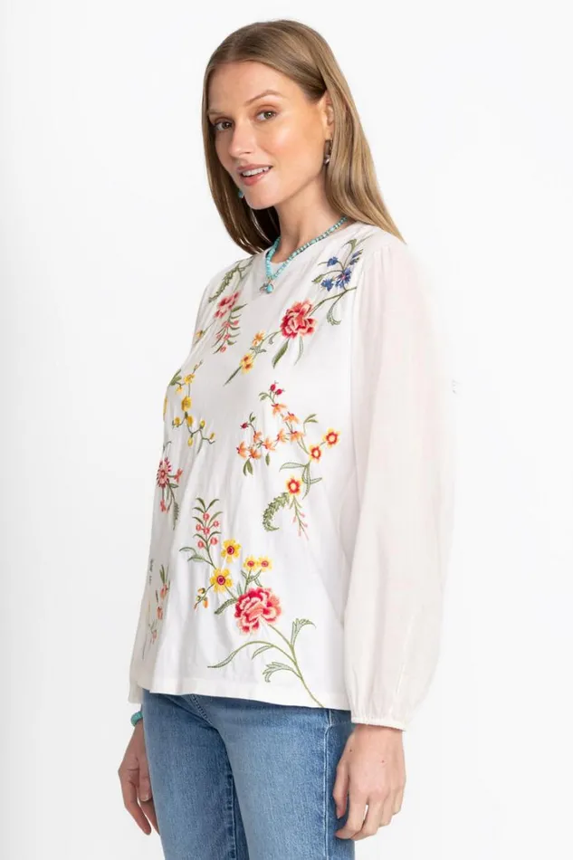 Women Johnny Was Tops Mixed Media Long Sleeve Tee White