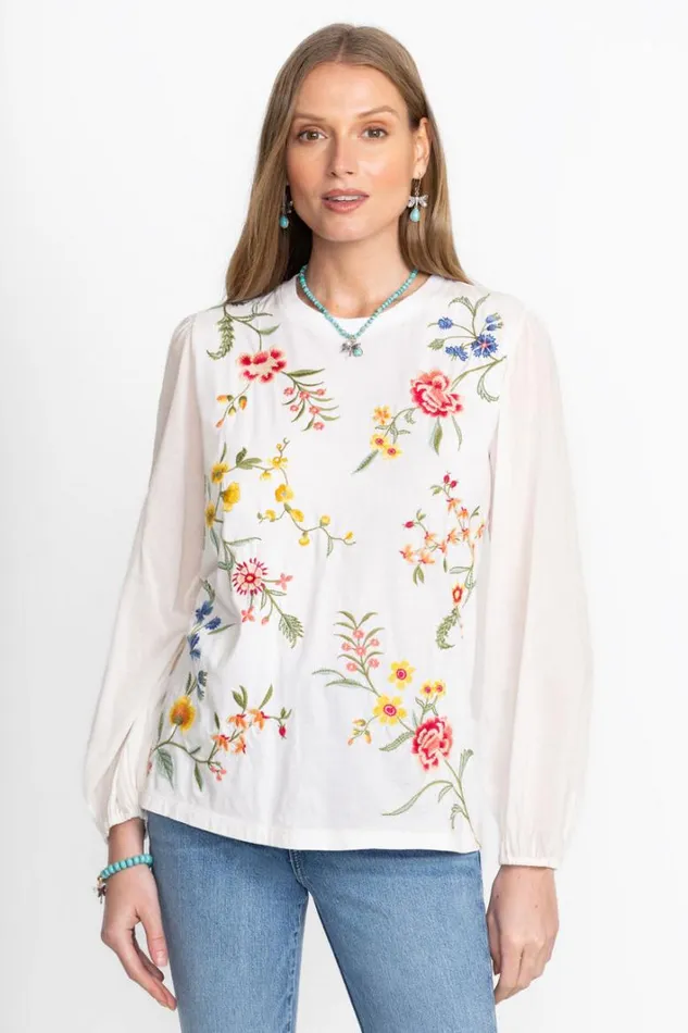 Women Johnny Was Tops Mixed Media Long Sleeve Tee White