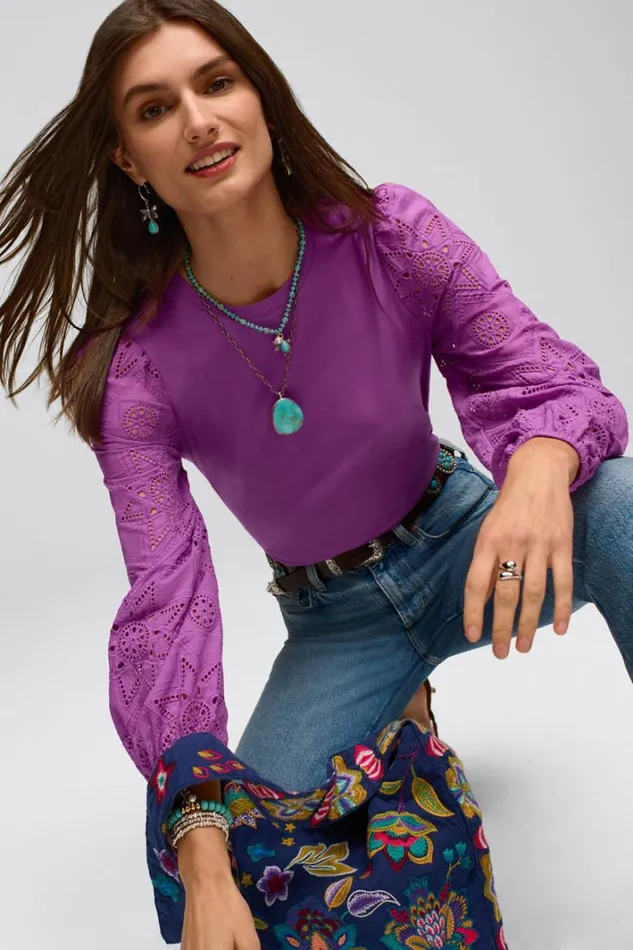 Women Johnny Was Tops Nora Long Sleeve Easy Tee Cattleya Orchid