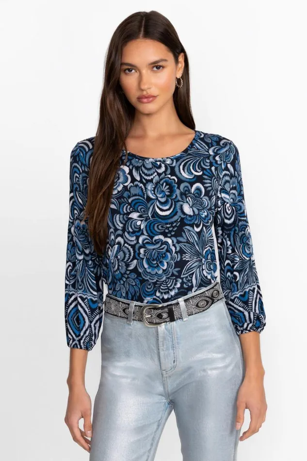 Women Johnny Was Tops The Janie Favorite Puff Sleeve Knit Tee Feathery Flower