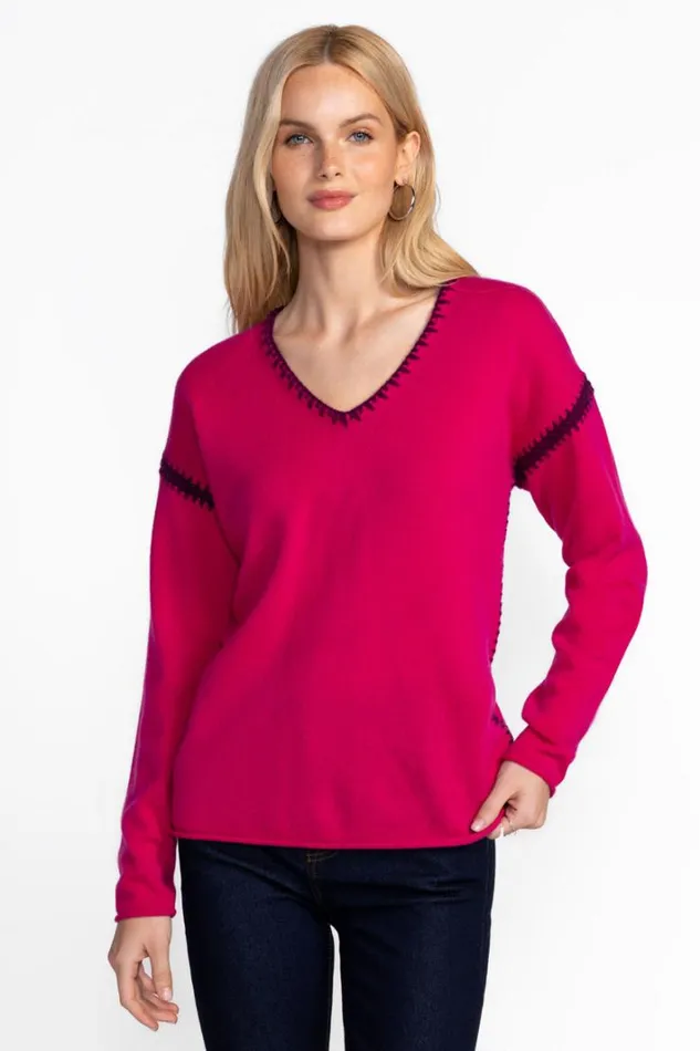 Women Johnny Was Tops The Whipstitch VNeck Pullover Berry