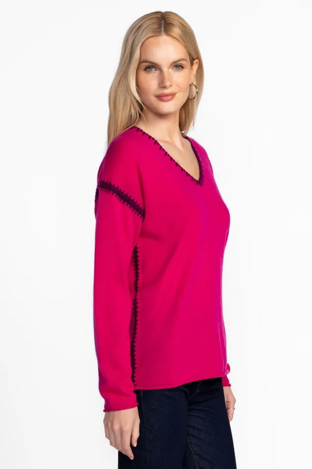 Women Johnny Was Tops The Whipstitch VNeck Pullover Berry