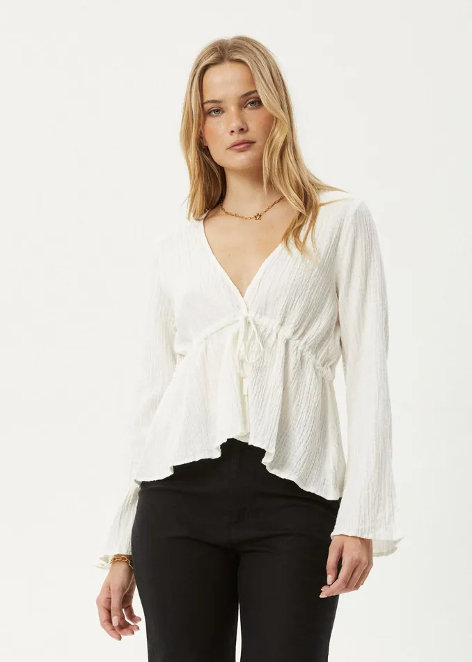 Women Long Sleeve Afends AFENDS Womens Focus 8211 Seersucker Tie Top 8211 Off White