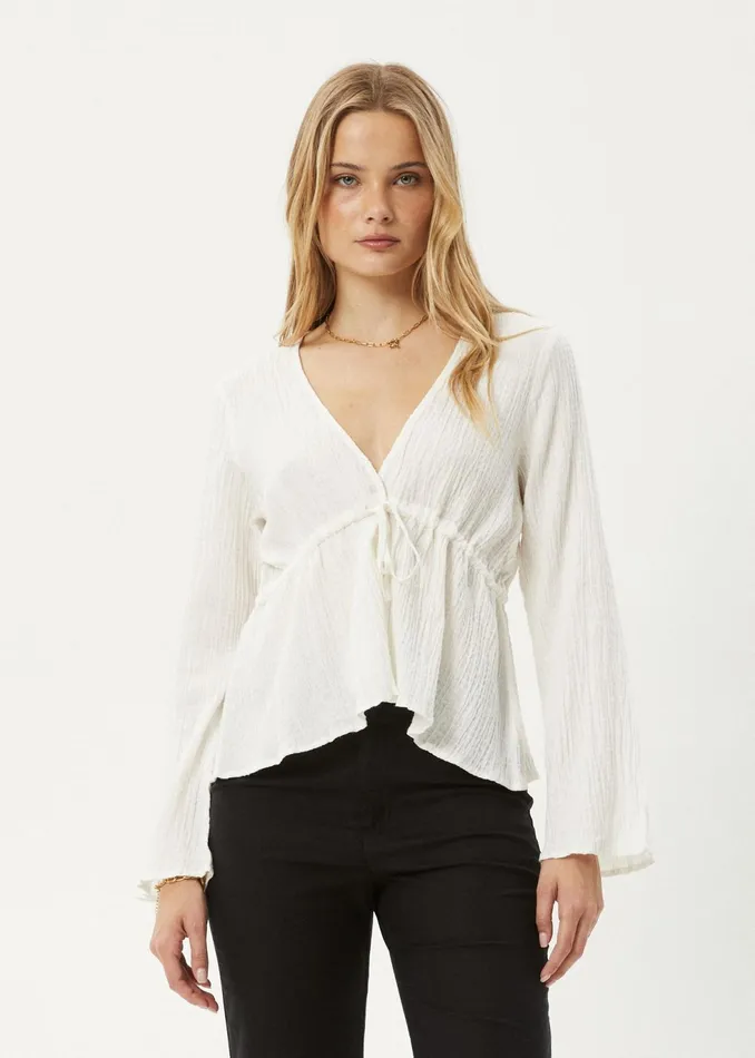 Women Long Sleeve Afends AFENDS Womens Focus 8211 Seersucker Tie Top 8211 Off White