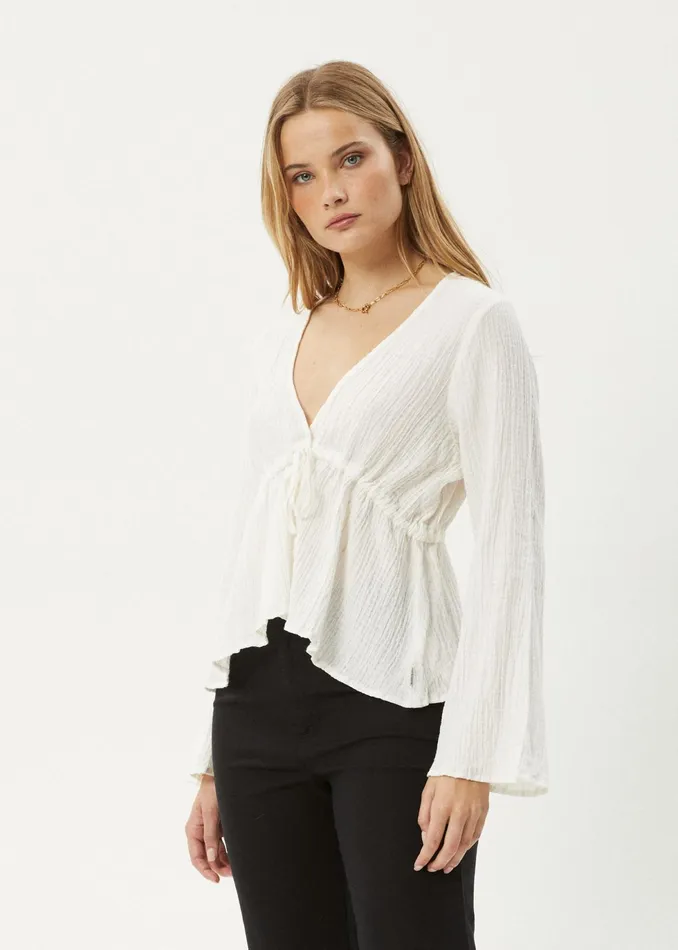 Women Long Sleeve Afends AFENDS Womens Focus 8211 Seersucker Tie Top 8211 Off White