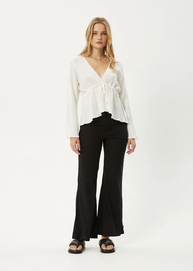 Women Long Sleeve Afends AFENDS Womens Focus 8211 Seersucker Tie Top 8211 Off White