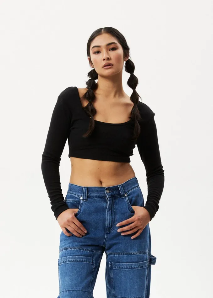 Women Long Sleeve Afends AFENDS Womens Milla 8211 Ribbed Long Sleeve Cropped Top 8211 Black