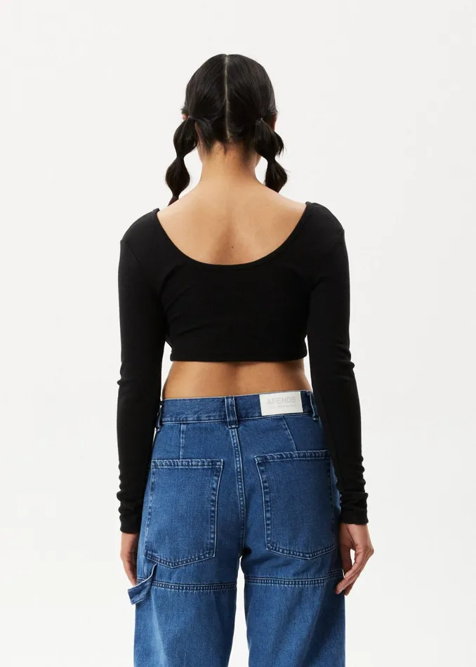 Women Long Sleeve Afends AFENDS Womens Milla 8211 Ribbed Long Sleeve Cropped Top 8211 Black