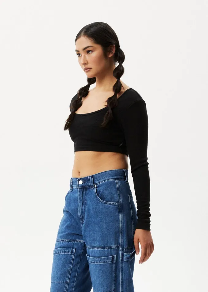 Women Long Sleeve Afends AFENDS Womens Milla 8211 Ribbed Long Sleeve Cropped Top 8211 Black