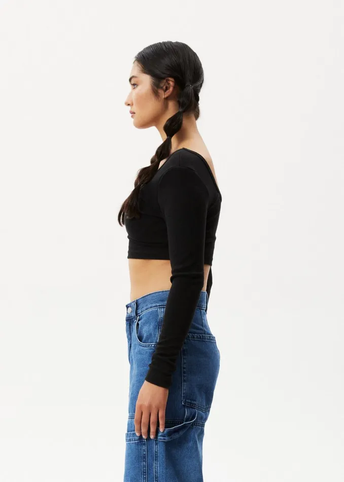 Women Long Sleeve Afends AFENDS Womens Milla 8211 Ribbed Long Sleeve Cropped Top 8211 Black