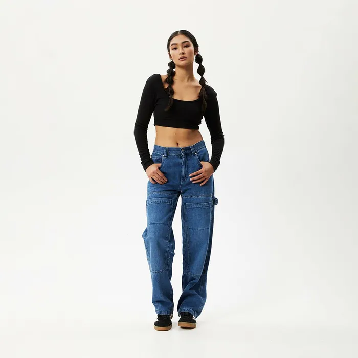 Women Long Sleeve Afends AFENDS Womens Milla 8211 Ribbed Long Sleeve Cropped Top 8211 Black