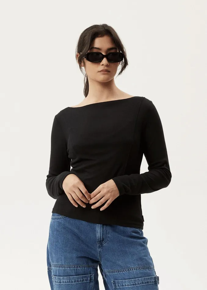 Women Long Sleeve Afends AFENDS Womens Mirage Bamboo 8211 Sheer Long Sleeve Top 8211 Black