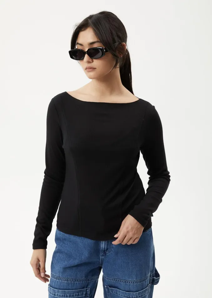 Women Long Sleeve Afends AFENDS Womens Mirage Bamboo 8211 Sheer Long Sleeve Top 8211 Black