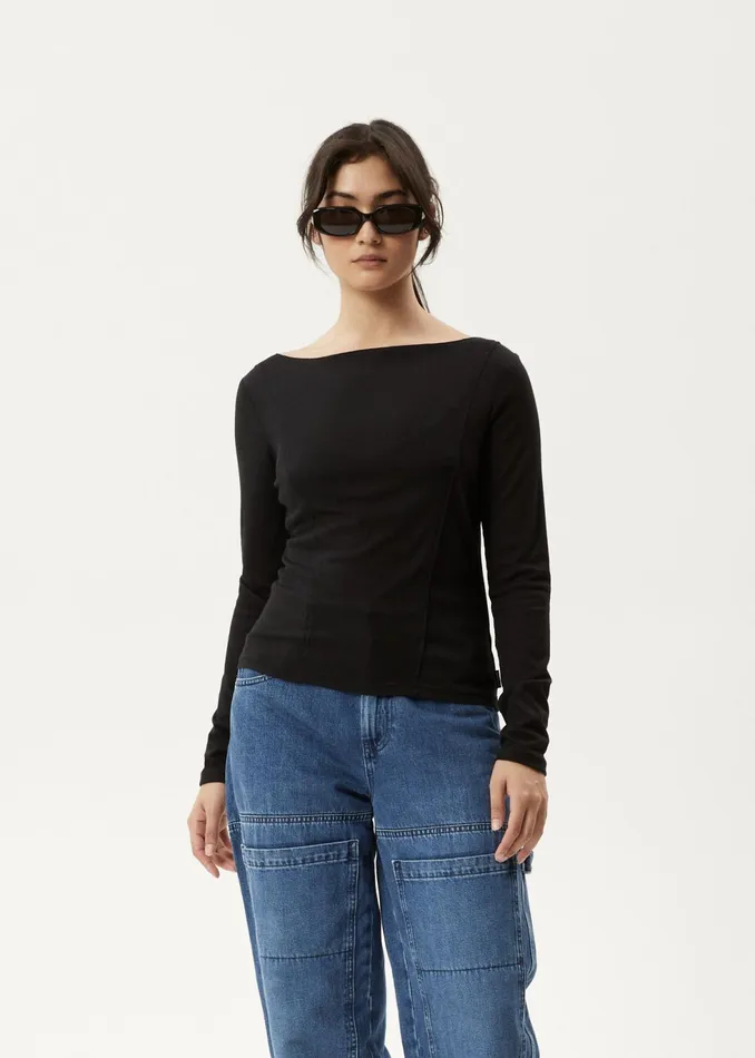 Women Long Sleeve Afends AFENDS Womens Mirage Bamboo 8211 Sheer Long Sleeve Top 8211 Black