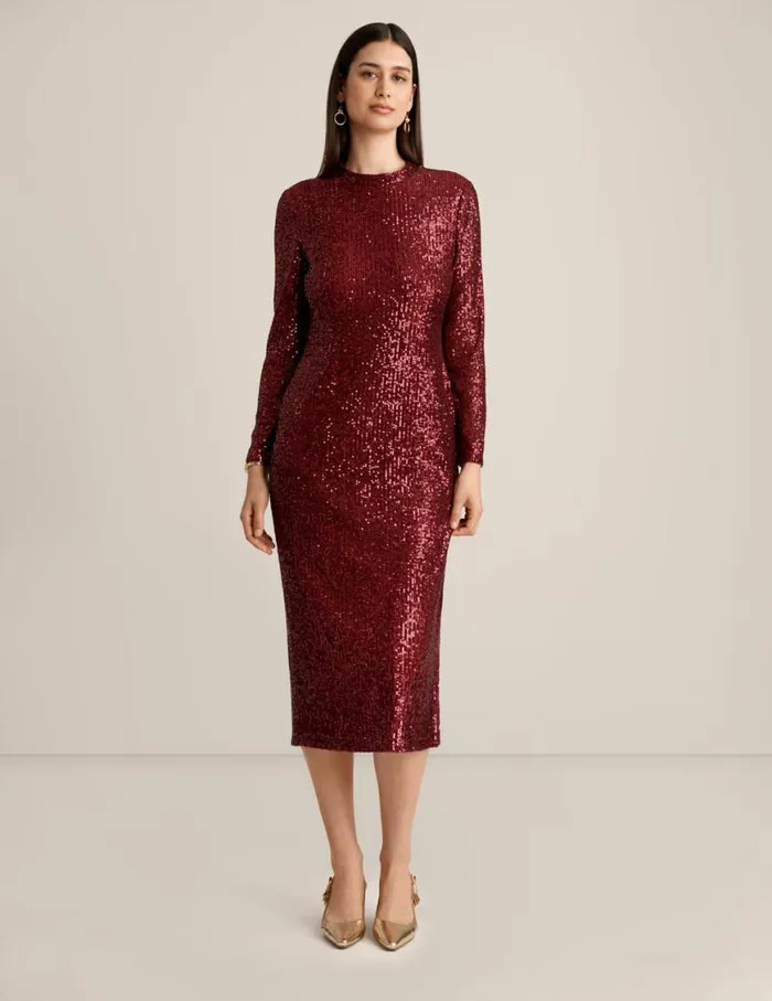 Women Long Sleeve Mock Neck Fitted Midi Dress Red Ruby Anne Klein Dresses and Jumpsuits