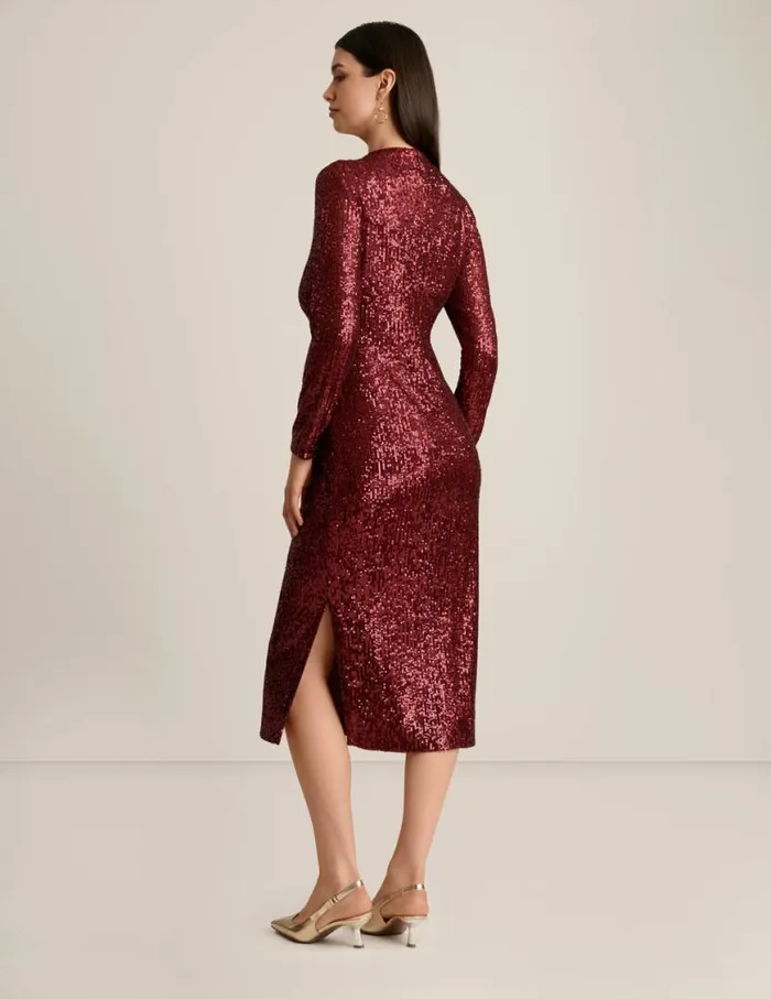 Women Long Sleeve Mock Neck Fitted Midi Dress Red Ruby Anne Klein Dresses and Jumpsuits