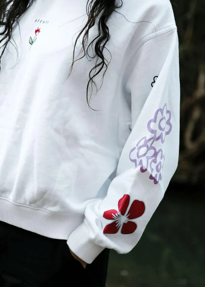 Women Outerwear Afends AFENDS Womens Flourish 8211 Crew Neck 8211 White