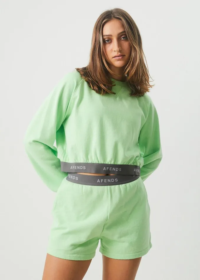 Women Outerwear Afends Homebase 8211 Women039s Hemp Cropped Crew Neck Jumper 8211 Lime Green 8211 AFENDS