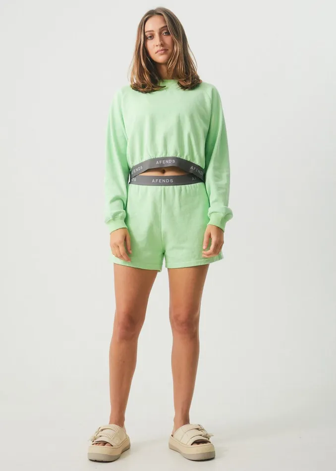 Women Outerwear Afends Homebase 8211 Women039s Hemp Cropped Crew Neck Jumper 8211 Lime Green 8211 AFENDS