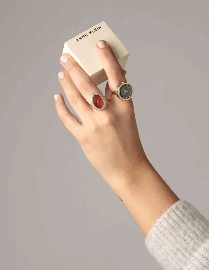 Women Oval Gemstone Ring Watch Blue Sandstonerose Goldtone Anne Klein Watch Rings