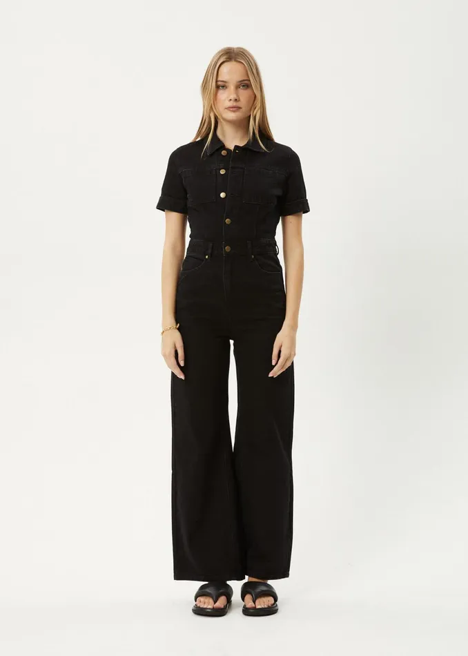 Women Overalls and Jumpsuits Afends AFENDS Womens Miami 8211 Denim Flared Leg Jumpsuit 8211 Washed Black