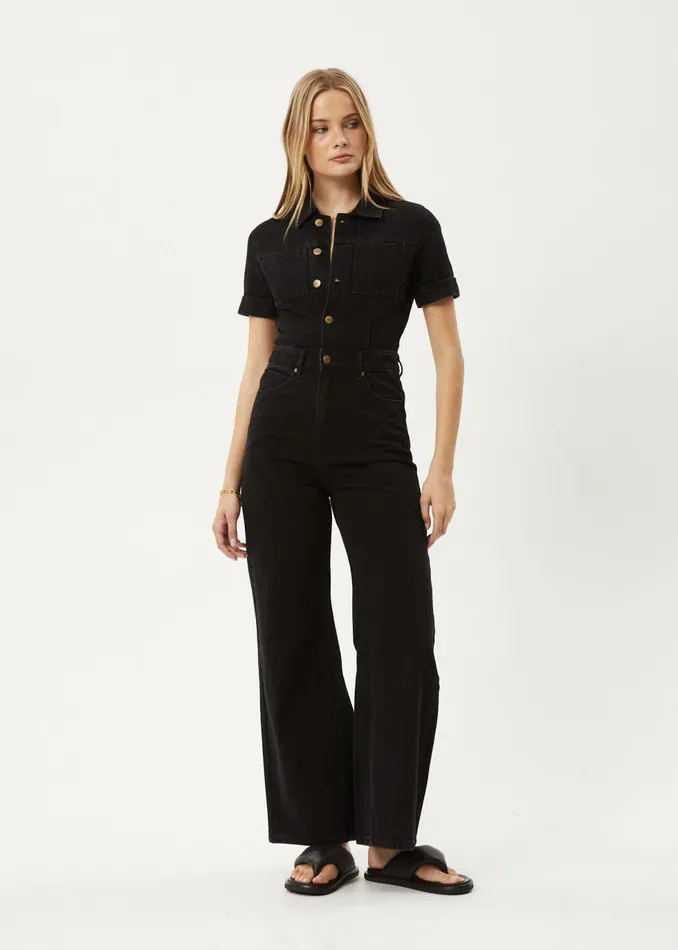 Women Overalls and Jumpsuits Afends AFENDS Womens Miami 8211 Denim Flared Leg Jumpsuit 8211 Washed Black