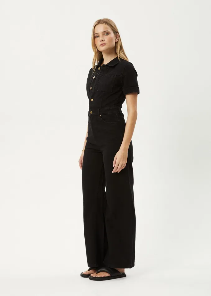 Women Overalls and Jumpsuits Afends AFENDS Womens Miami 8211 Denim Flared Leg Jumpsuit 8211 Washed Black