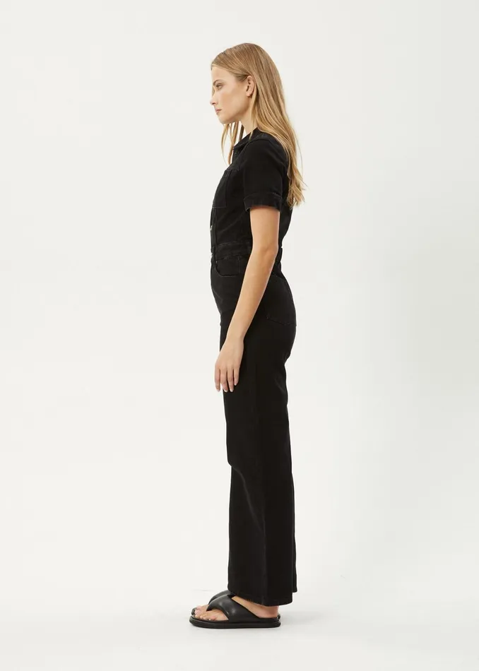 Women Overalls and Jumpsuits Afends AFENDS Womens Miami 8211 Denim Flared Leg Jumpsuit 8211 Washed Black