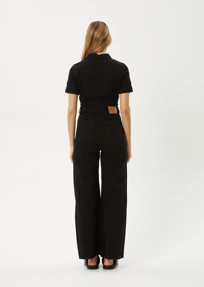 Women Overalls and Jumpsuits Afends AFENDS Womens Miami 8211 Denim Flared Leg Jumpsuit 8211 Washed Black