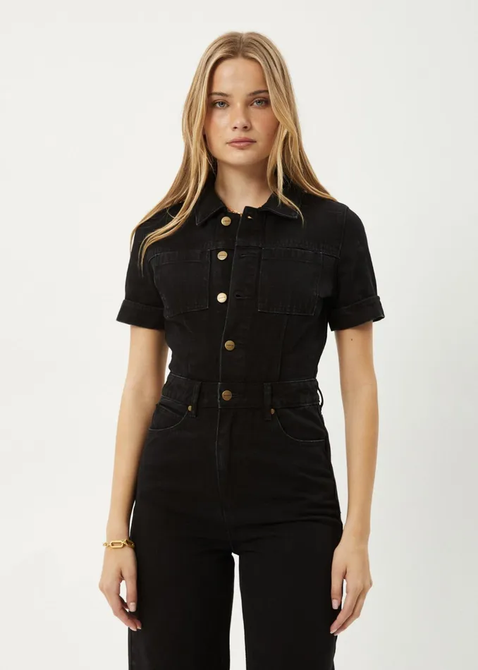 Women Overalls and Jumpsuits Afends AFENDS Womens Miami 8211 Denim Flared Leg Jumpsuit 8211 Washed Black