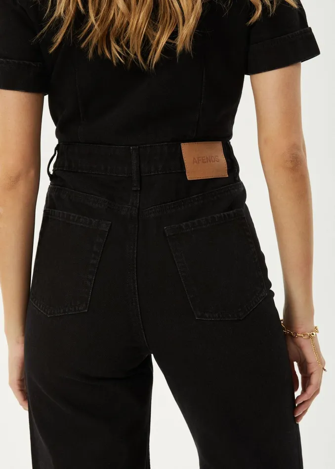 Women Overalls and Jumpsuits Afends AFENDS Womens Miami 8211 Denim Flared Leg Jumpsuit 8211 Washed Black