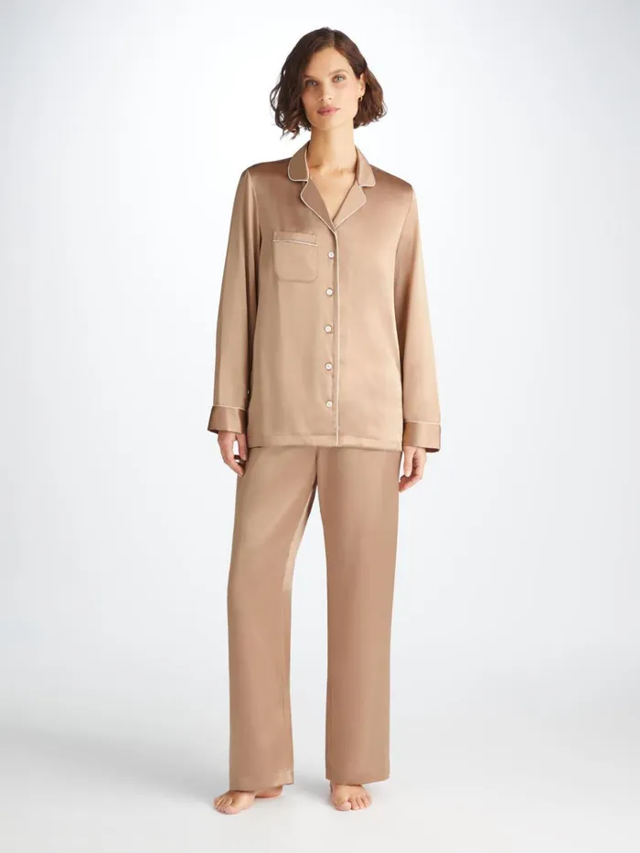 Women Pajamas Bailey Silk Satin Gold Derek Rose Long Pajamas