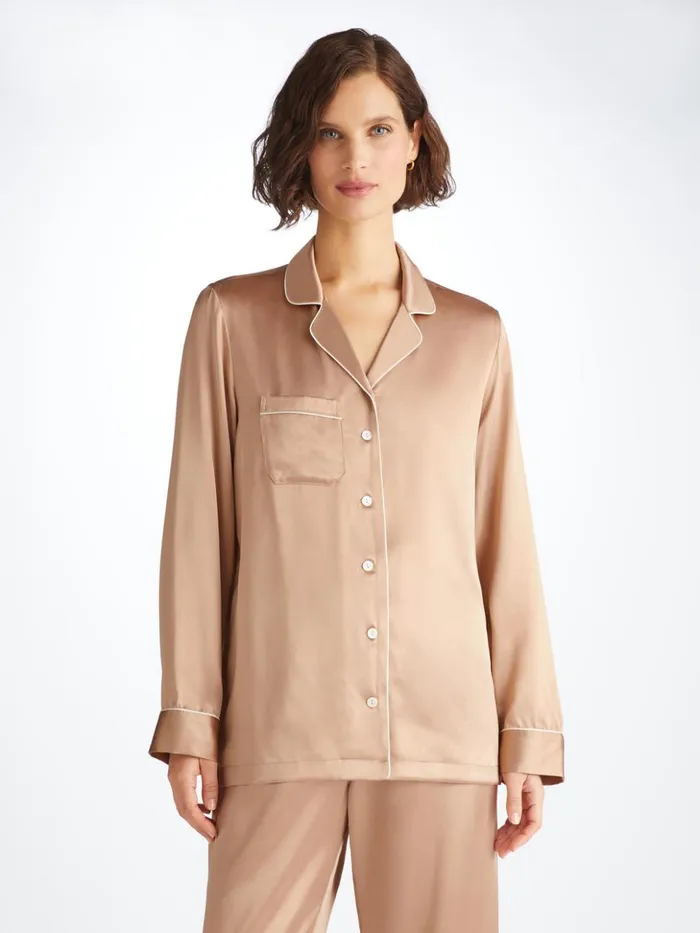 Women Pajamas Bailey Silk Satin Gold Derek Rose Long Pajamas