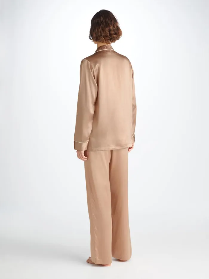 Women Pajamas Bailey Silk Satin Gold Derek Rose Long Pajamas