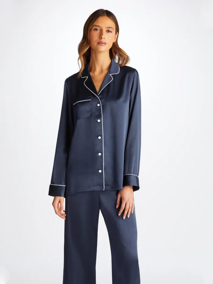 Women Pajamas Bailey Silk Satin Navy Derek Rose Silk Pajamas